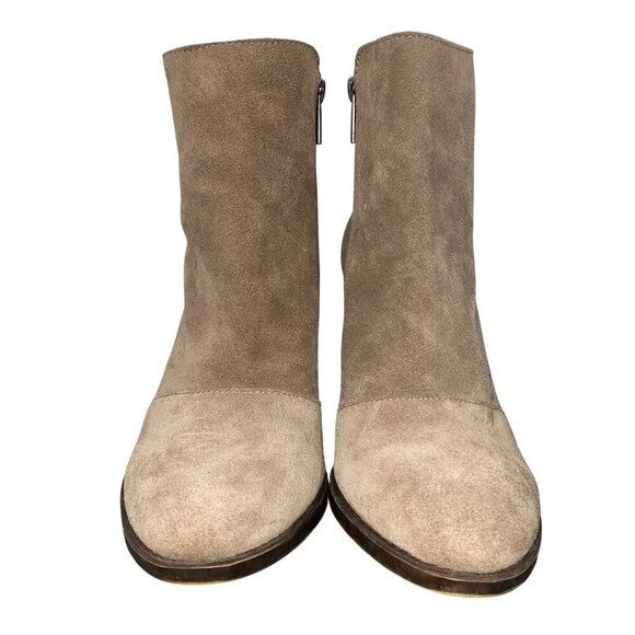Lucky Brand Eleanor Taupe Suede leather Ankle Boots Embroidered Detail Stacked 9 - Picture 2 of 13